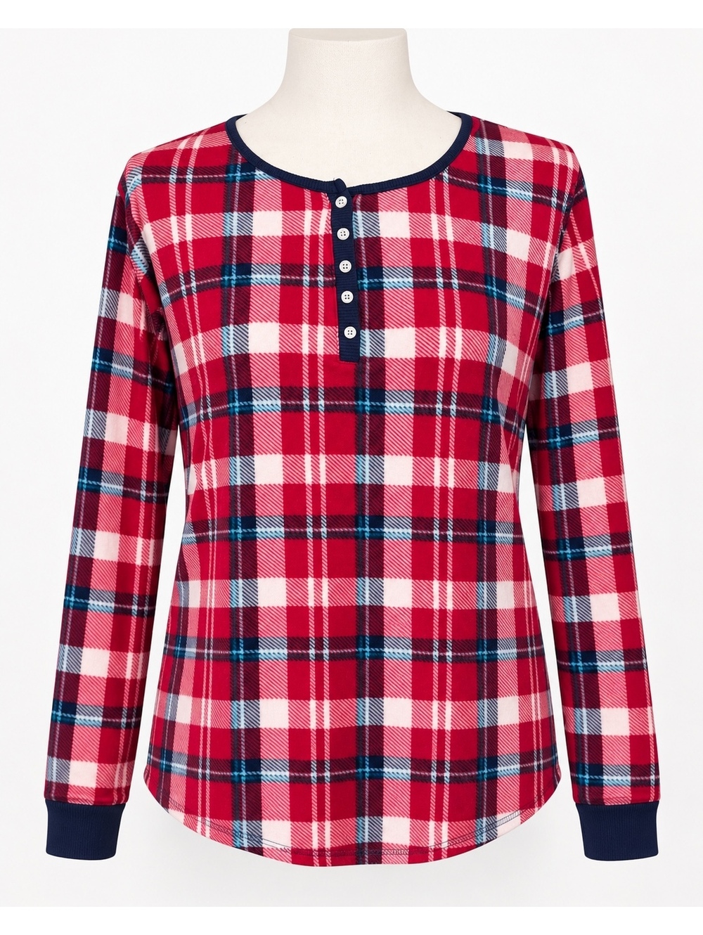 Womenâs Medium Red Plaid Henley Pajama Lounge Top Long Sleeve